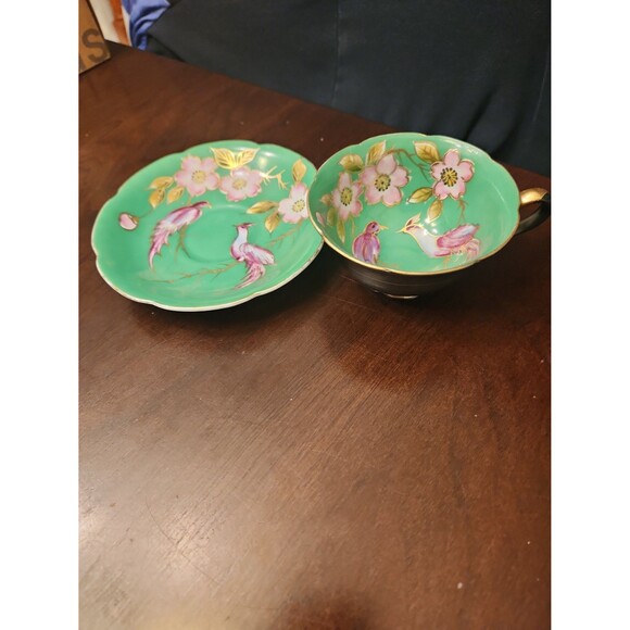 Vintage Teacup and Saucer Set Green Floral & Birds w/ Gold Trim Made in Japan - Picture 1 of 10